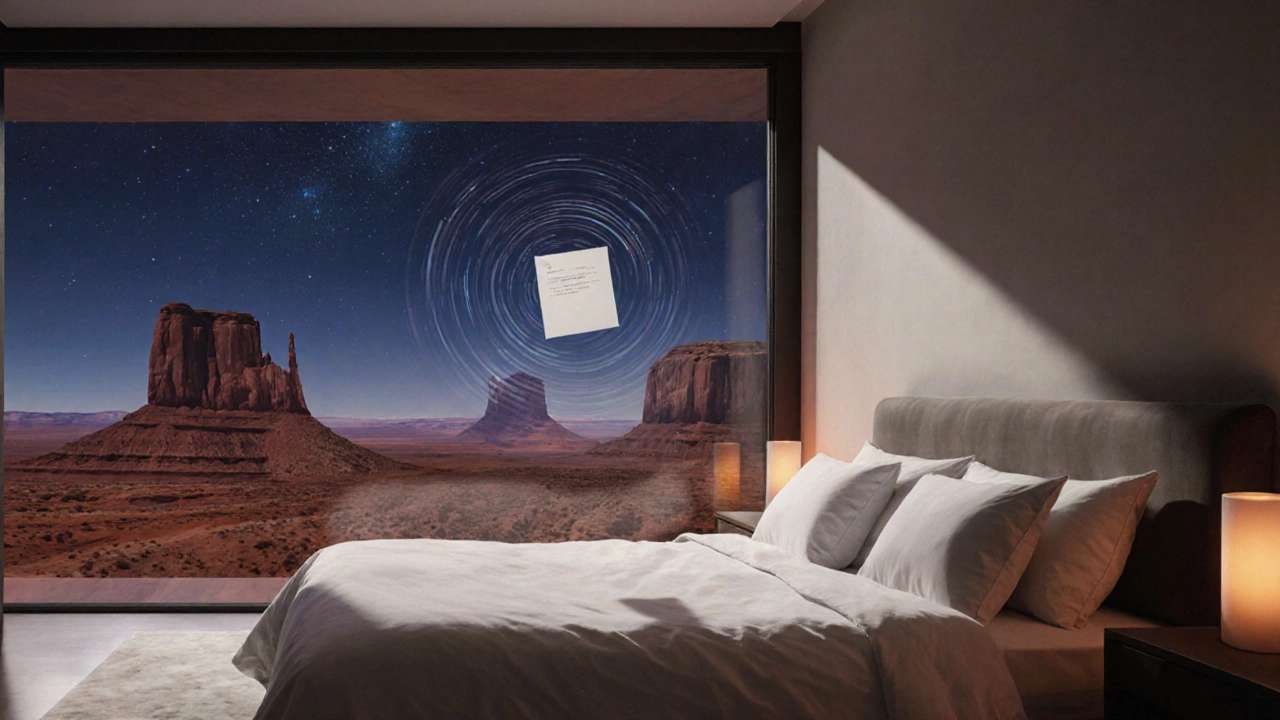 A handwritten note hovers above a bed in a desert canyon suite, with stars and rocky landscape visible through a glass wall.