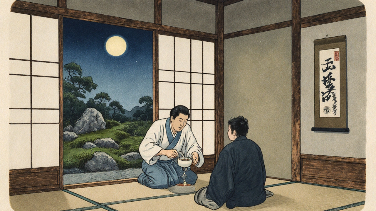 A Japanese chef pours tea with ceremonial precision in a quiet ryokan room at twilight, surrounded by traditional decor.