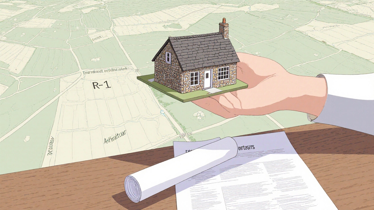 Aerial view of a rural map highlighting a modest cottage and zoning symbols beside a model.