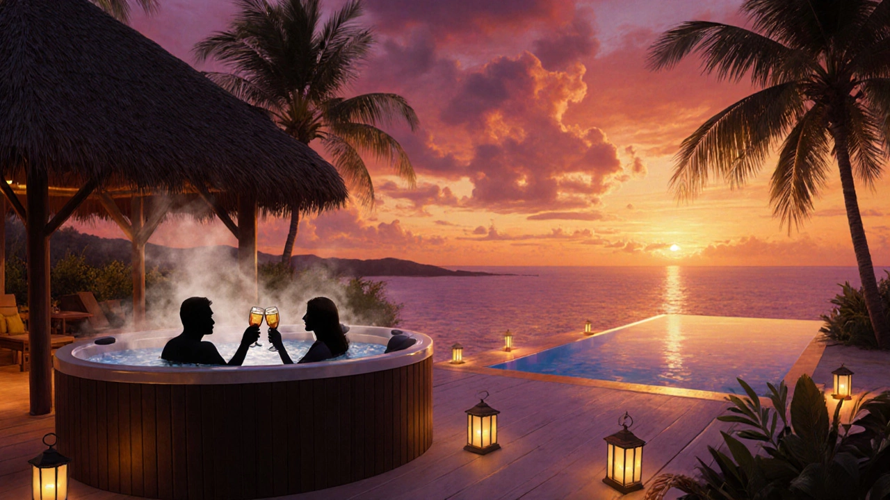 Beachfront villa at sunset with private hot tub and couple enjoying a romantic moment.