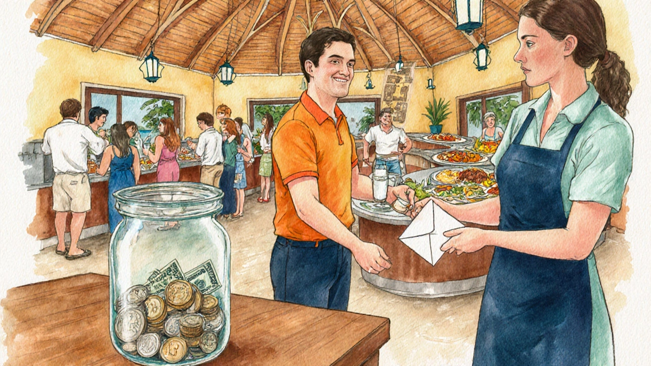 Buffet scene with guests, a tip jar, and a housekeeper receiving a small envelope.
