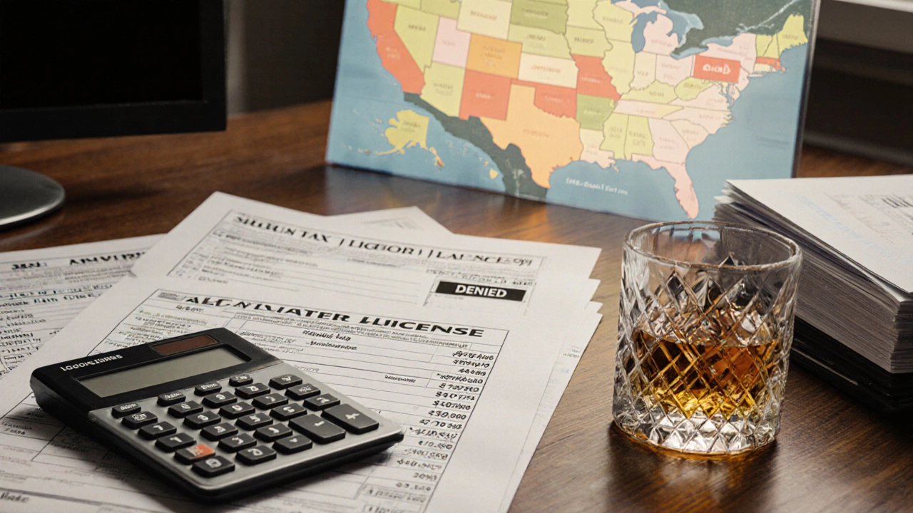Close‑up of a desk with calculators, tax forms, and liquor‑license documents illustrating U.S. pricing complexity.