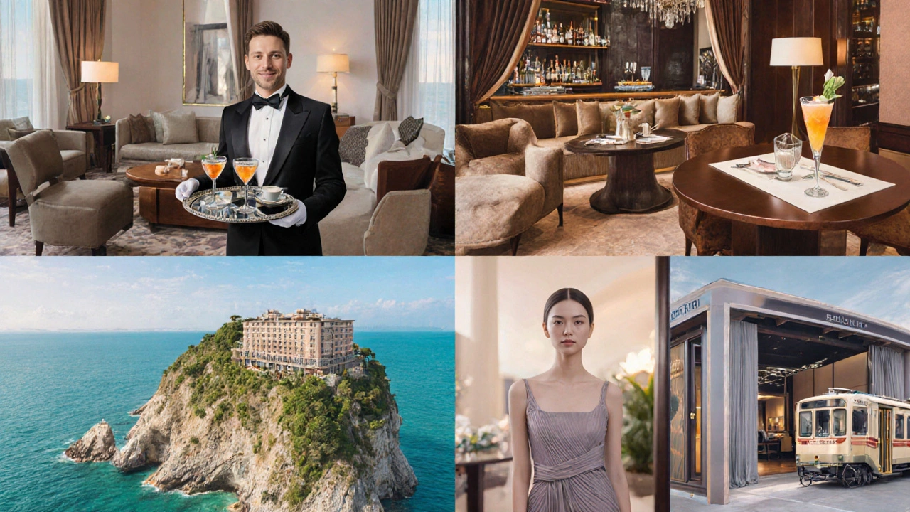 Collage of eight luxury hotel experiences from top brands.