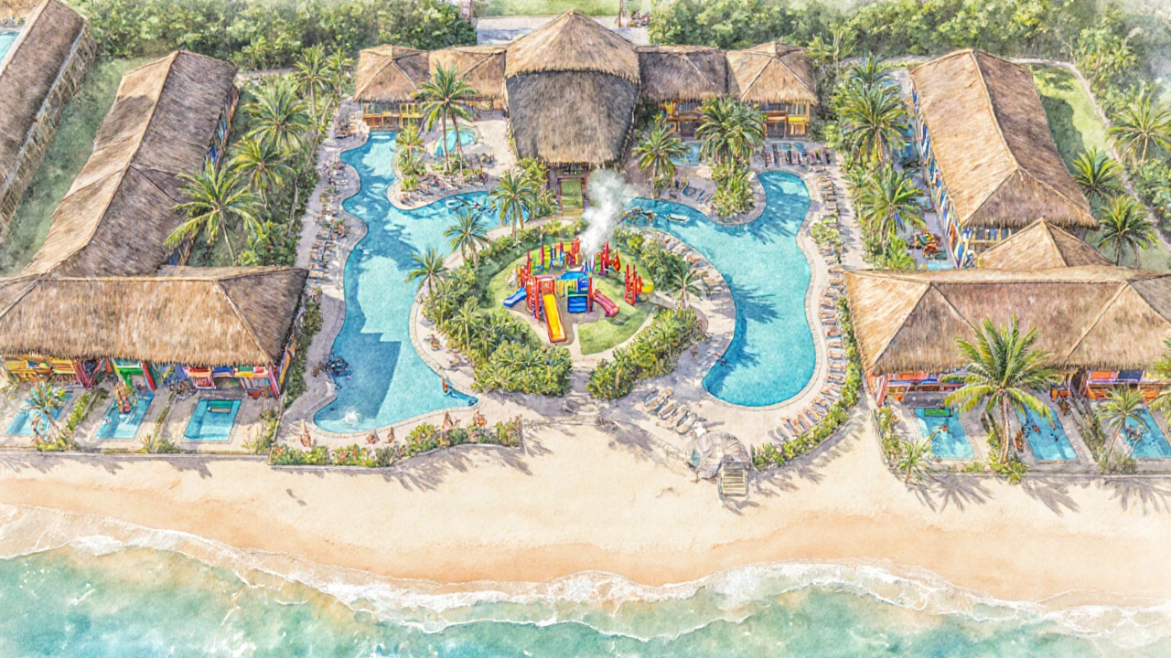 Colorful scene of a beach resort showing pools, spa, kids club, and beachfront villas.
