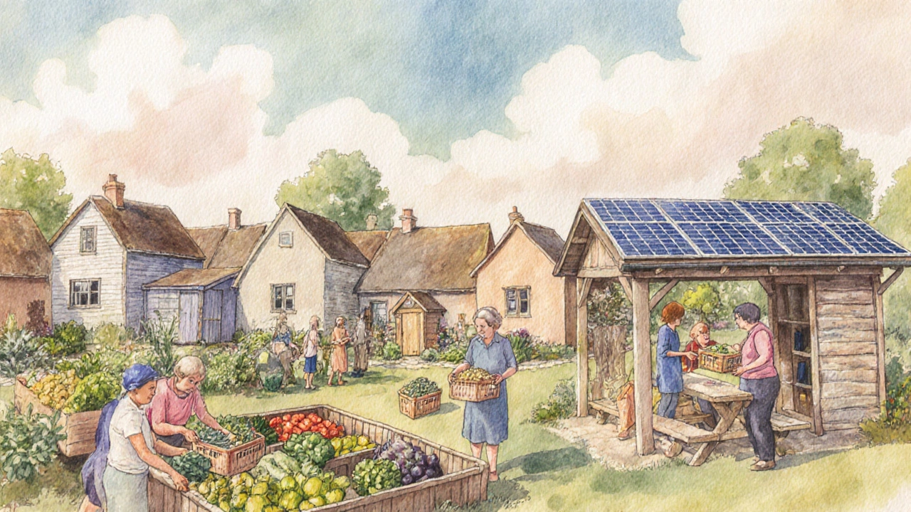 Community garden and shared solar array in an English eco‑village with residents interacting.