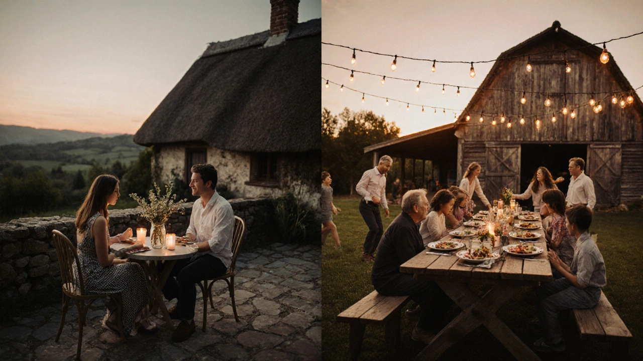 Couple on cottage terrace at dusk and family gathering at farmhouse patio under sunset lights.