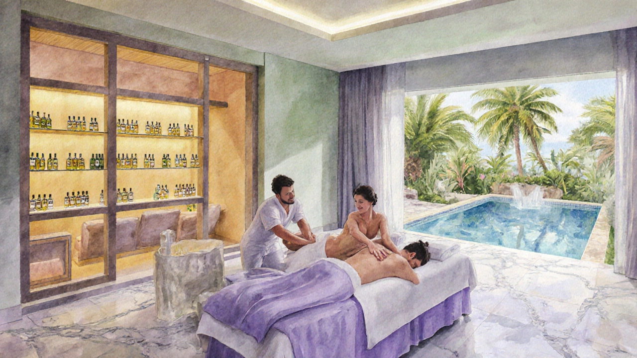 Couple receiving a spa couples massage near a sauna and cold plunge in a tranquil setting.