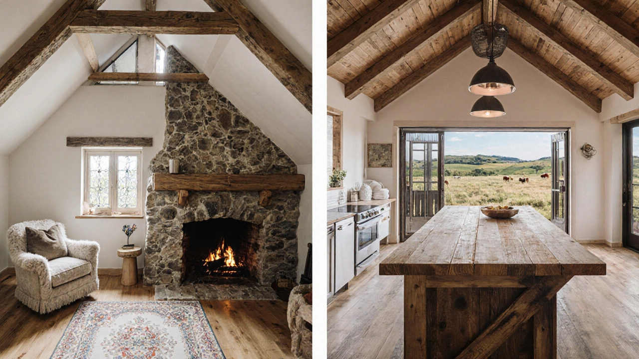 Cozy cottage interior with fireplace and loft versus open farmhouse kitchen with barn doors.