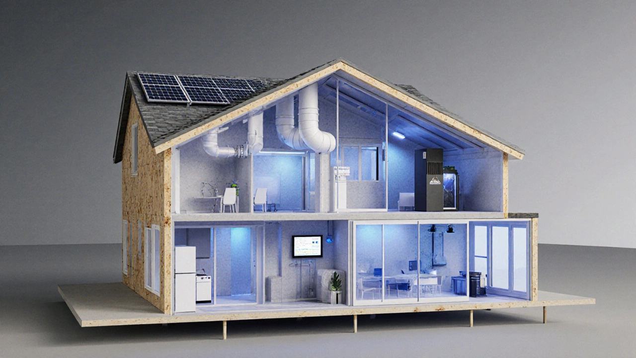 Cutaway view of a passive‑house showing insulated walls, triple‑glazed windows, and heat‑recovery system.