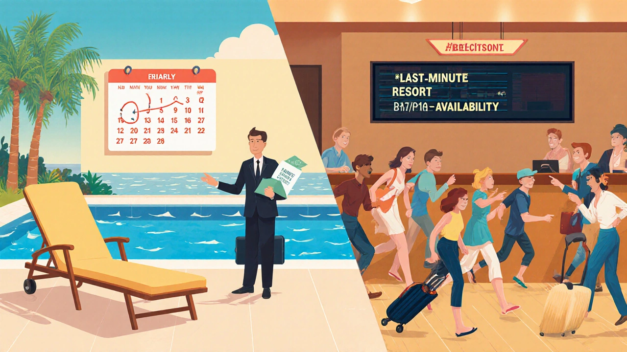 Dual illustration showing early booking at a calm resort pool versus last‑minute airport rush for a deal.