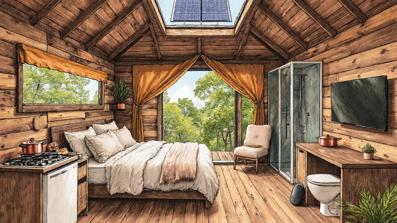 Eco‑friendly glamping cottage interior with reclaimed wood, solar skylight, and modern amenities.