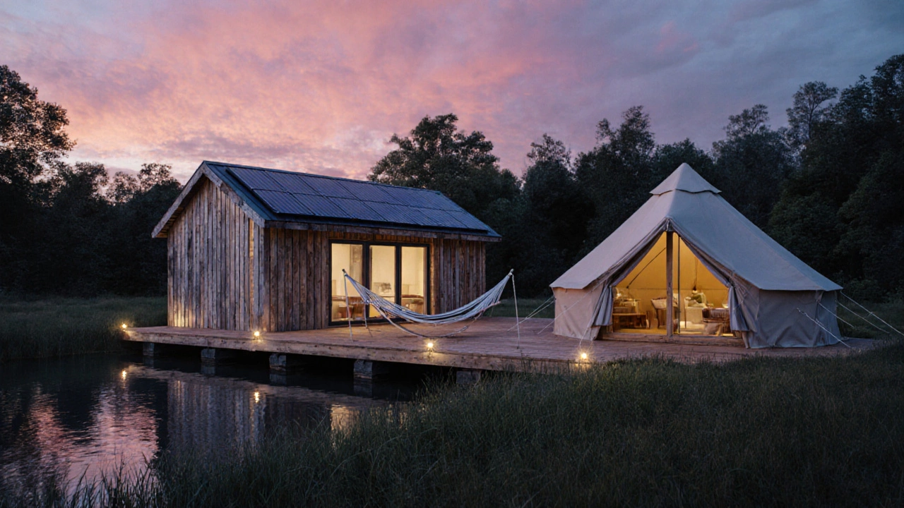 Eco‑friendly timber cottage with solar panels and glamping tent by a lake at dusk.