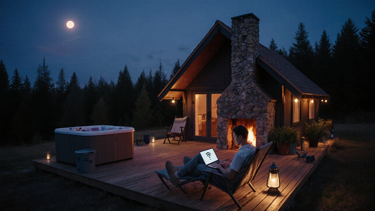 Evening view of a glamping cottage with hot tub, fire pit, and a guest working on a laptop.