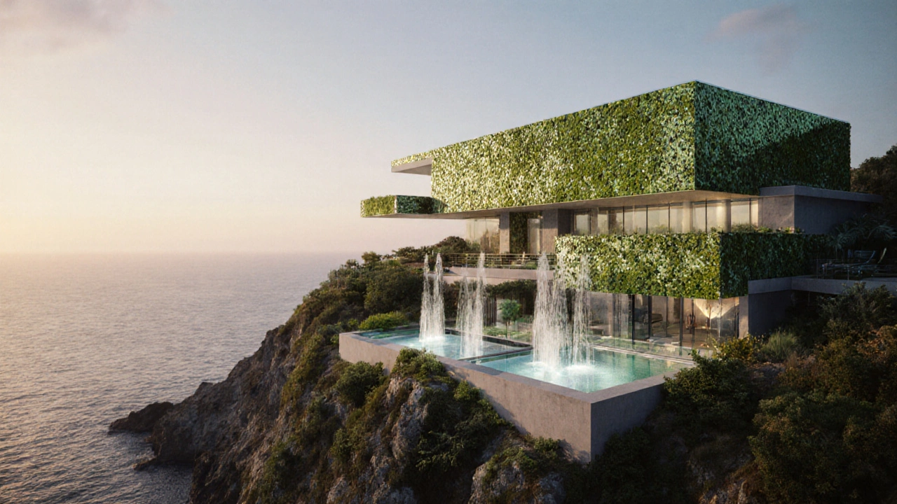 Futuristic carbon‑negative mansion with algae panels, water generators, and circular‑economy 3D‑printing hub at sunrise.