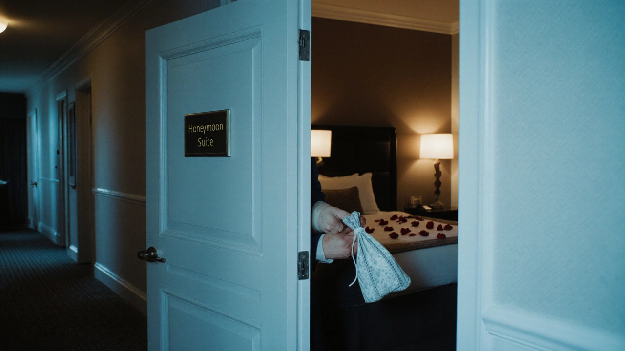 Hotel housekeeper placing a romantic kit into a honeymoon suite drawer at dusk.