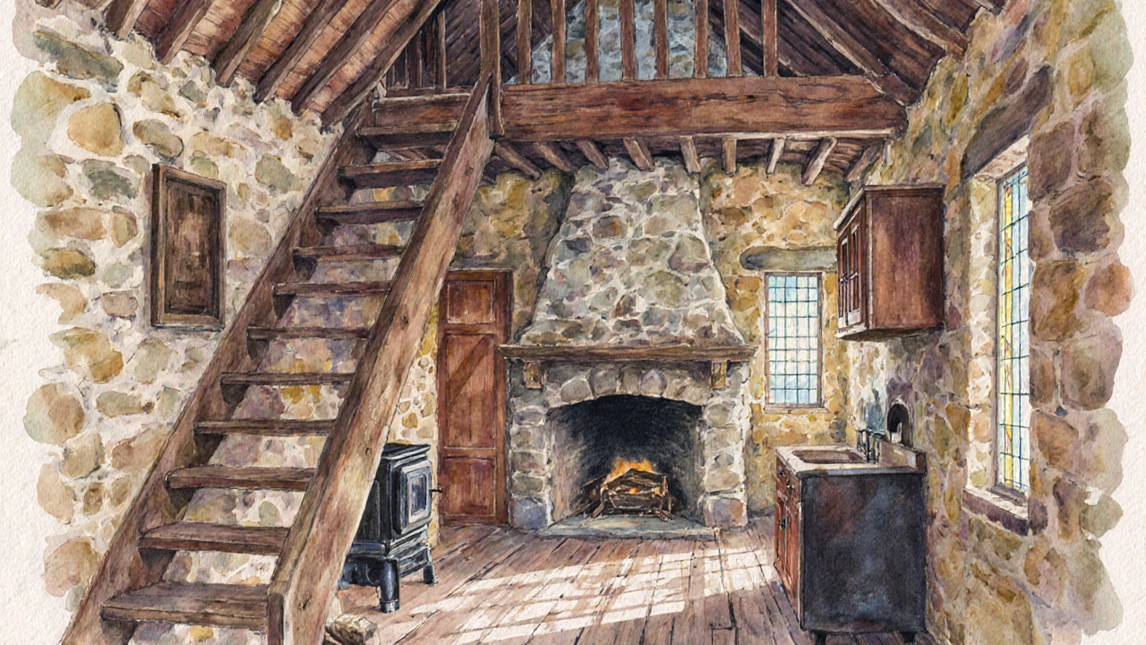 Interior of a traditional cottage with low ceilings, a steep staircase, and a stone fireplace in a cramped living space.