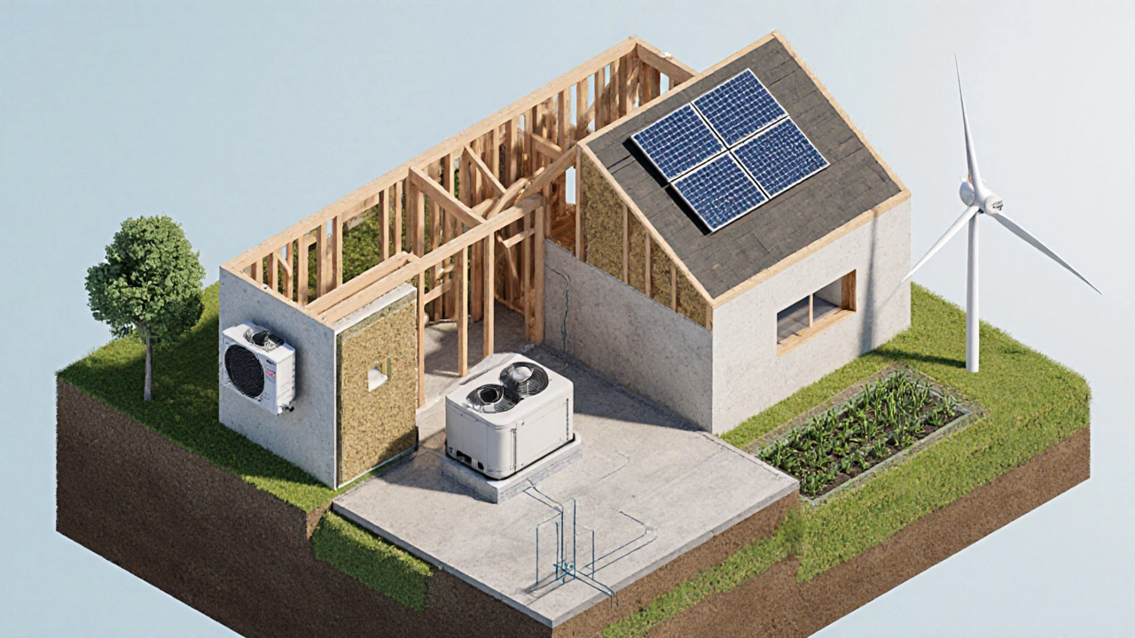 Isometric cutaway of a sustainable home showing timber frame, hempcrete walls, insulation, solar panels, wind turbine, and geothermal system.