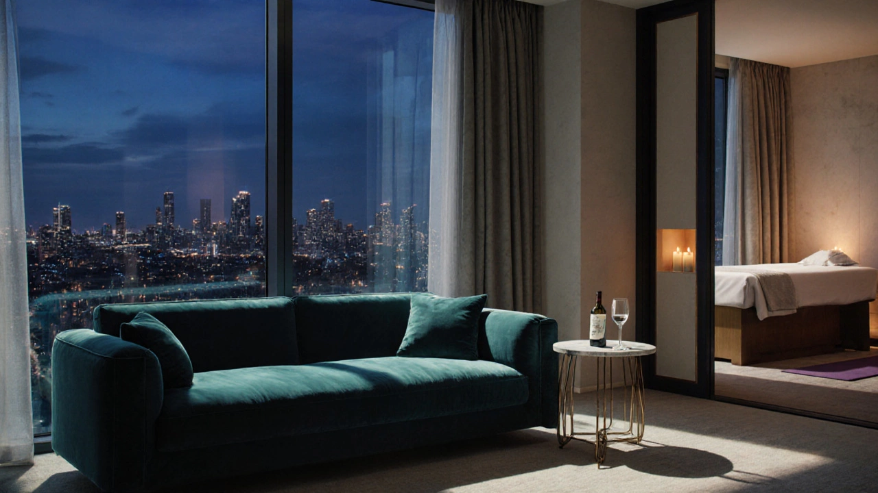 Luxurious lounge with sofa, wine glass, and private spa corner in an adult‑only suite.