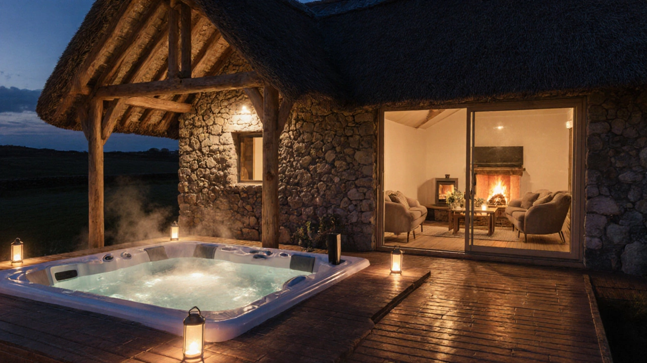 Modern stone cottage with hot tub and lanterns at twilight, showing cozy interior.