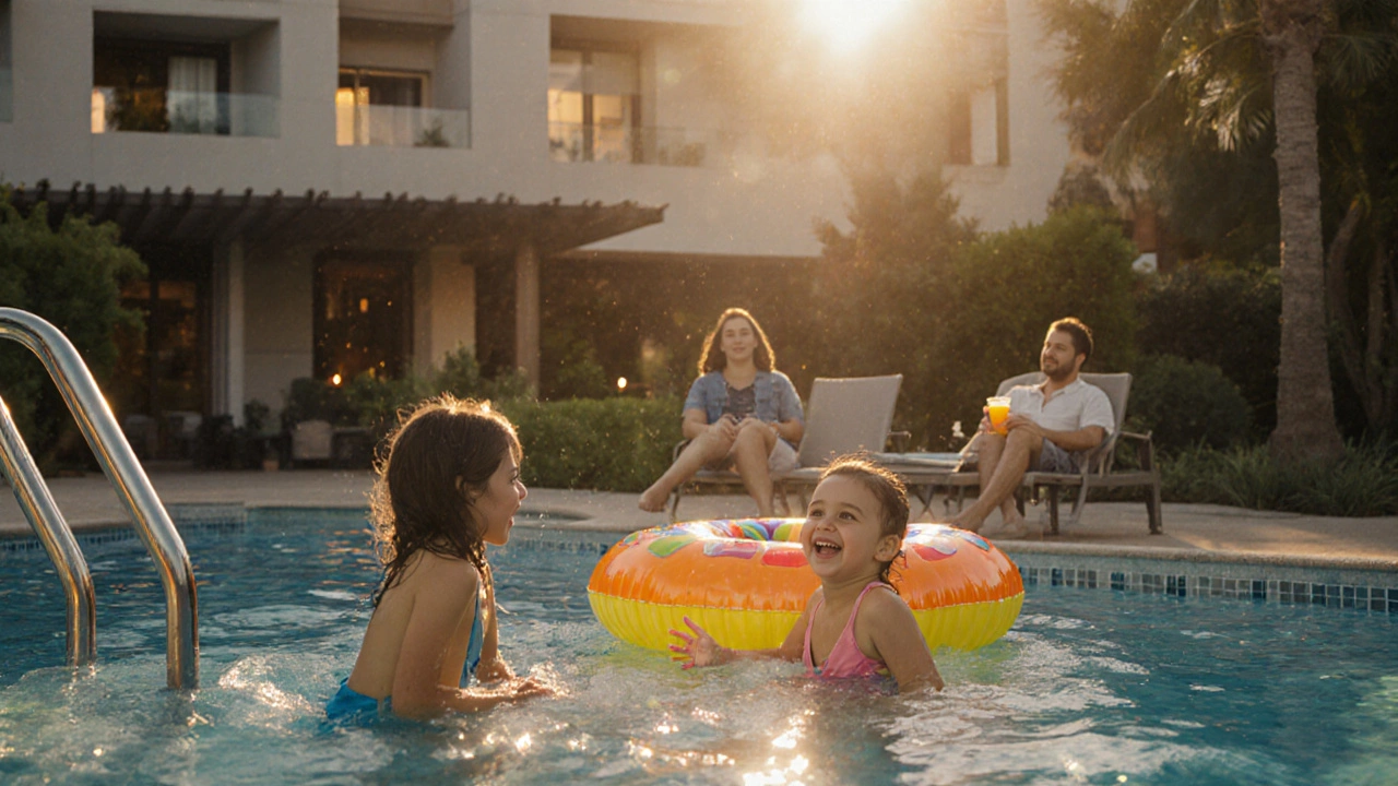 Parents and children enjoying a sunset pool at a family‑friendly hotel.
