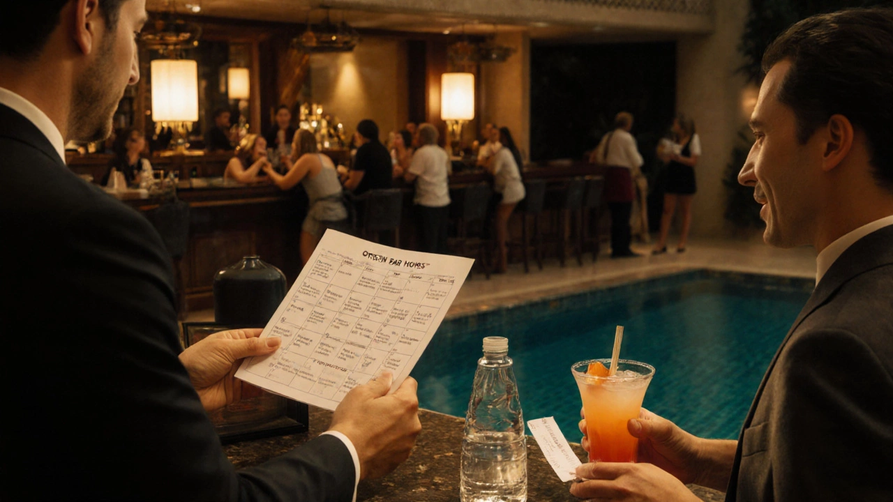 Resort lobby check‑in with open‑bar schedule, followed by poolside guest sipping water between drinks.