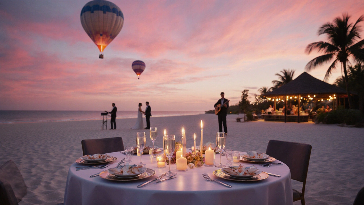 Romantic candlelit beach dinner with seafood dishes and a hot‑air balloon in the twilight sky.