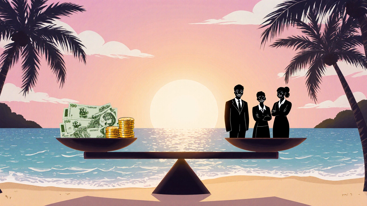 Sunset beach with a balance scale comparing cash tips to happy resort staff.