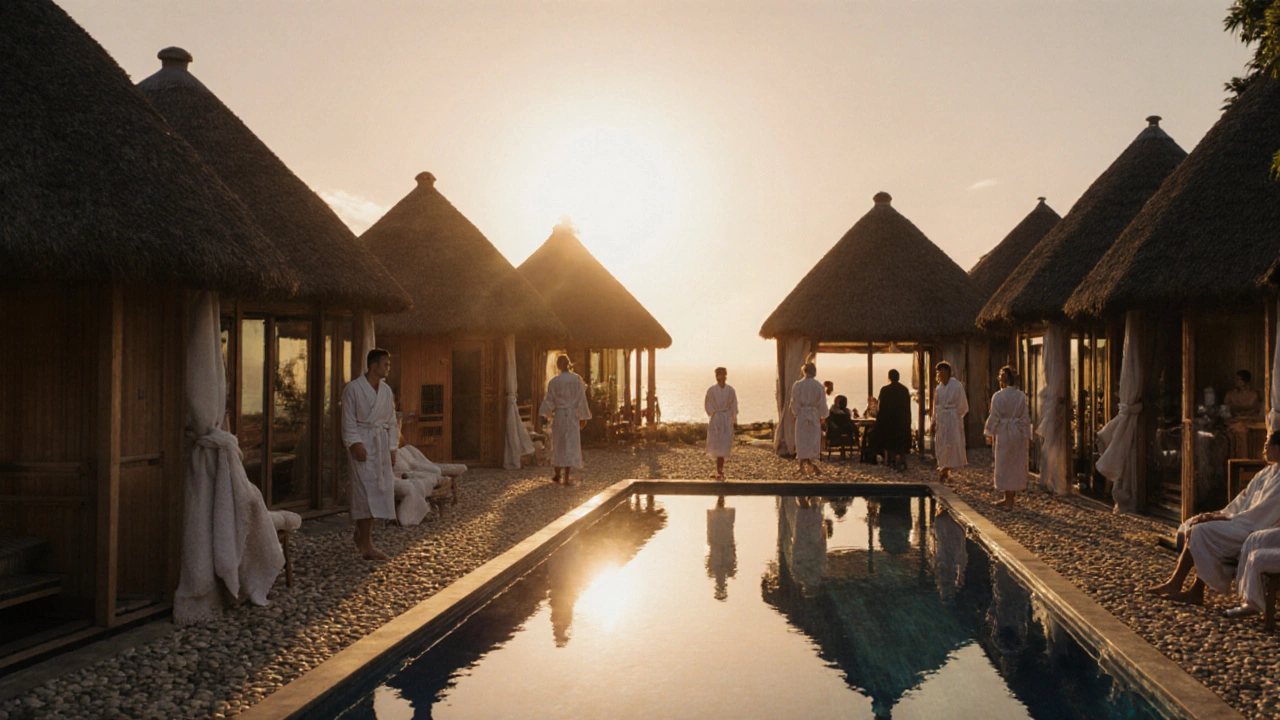 Sunset view of a luxury resort spa village with pools, cabanas, and guests in robes.