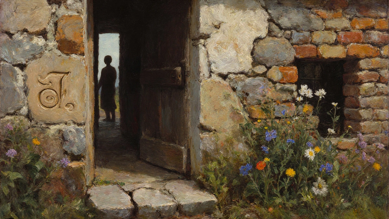 Symbolic elements of a historic cottage: worn steps, carved initials, mismatched bricks, and wildflowers growing from a stone wall.