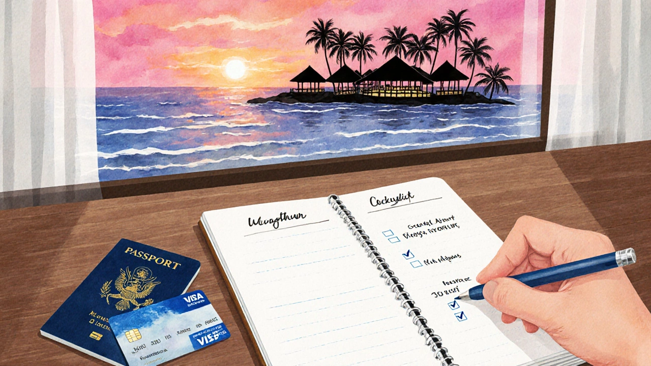 Travel desk with passport, credit card, loyalty card and checklist, window view of a sunset resort.