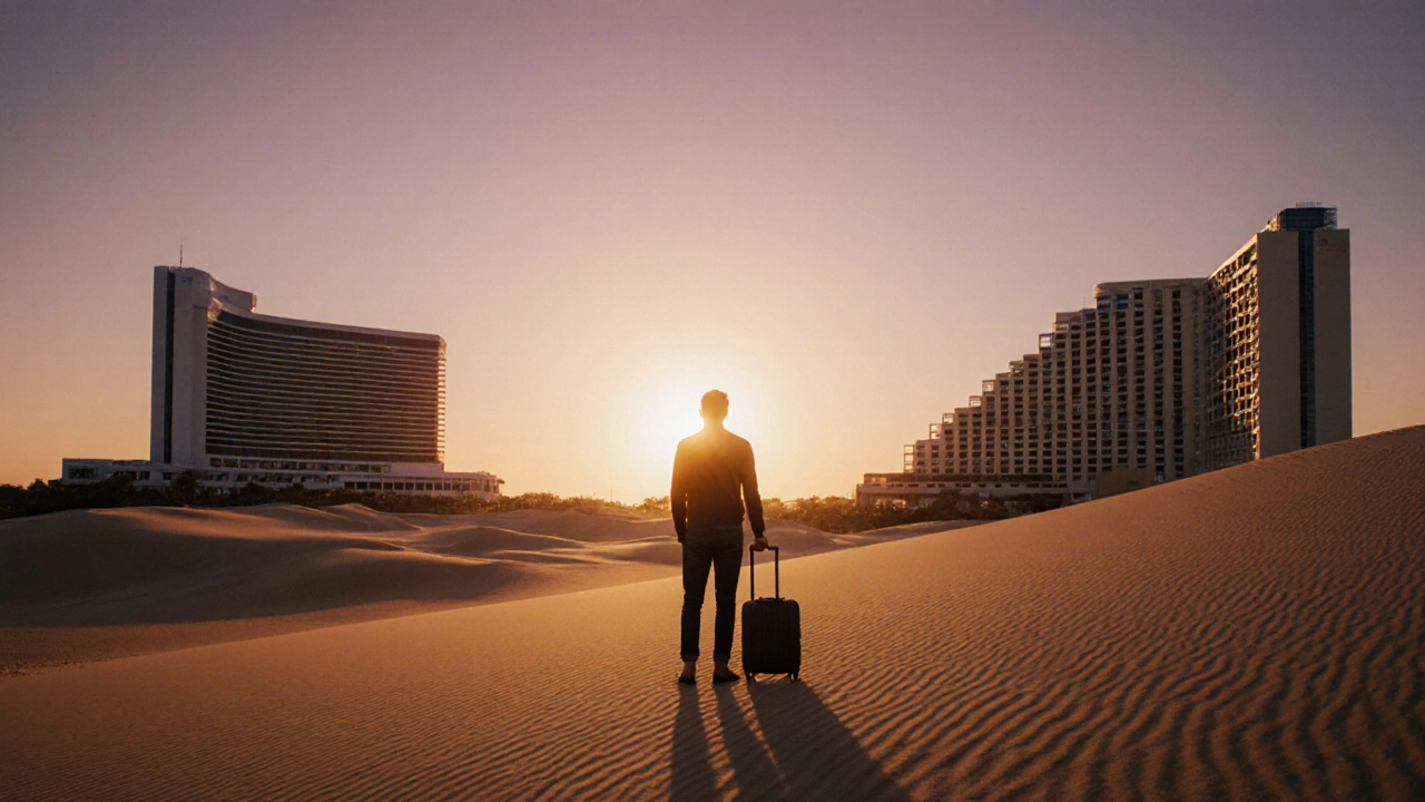 Traveler at sunset beside two signposts, one representing a hotel and the other a resort.
