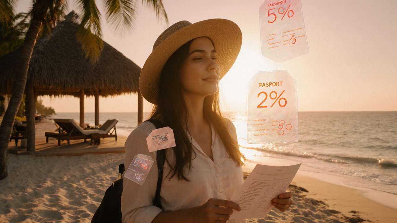 Traveler checking a booking list on a sunrise beach, symbolizing a discounted Riviera Maya vacation.