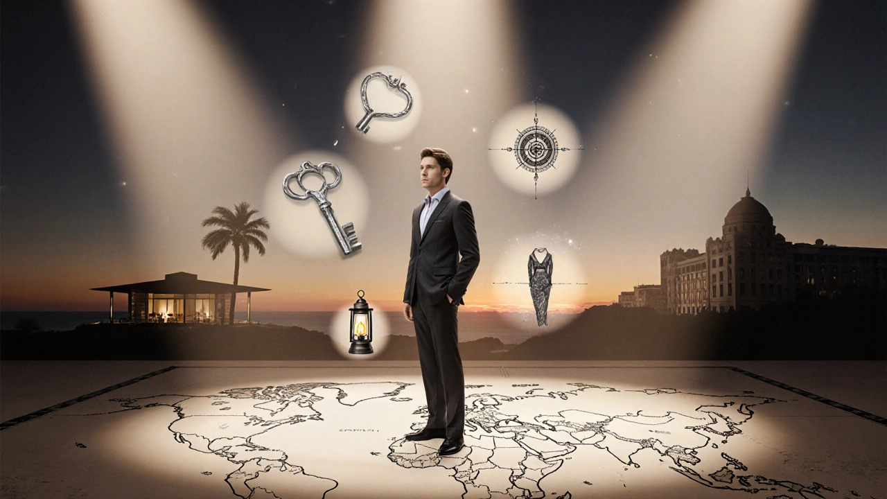 Traveler standing on a world map with symbols representing brand priorities.