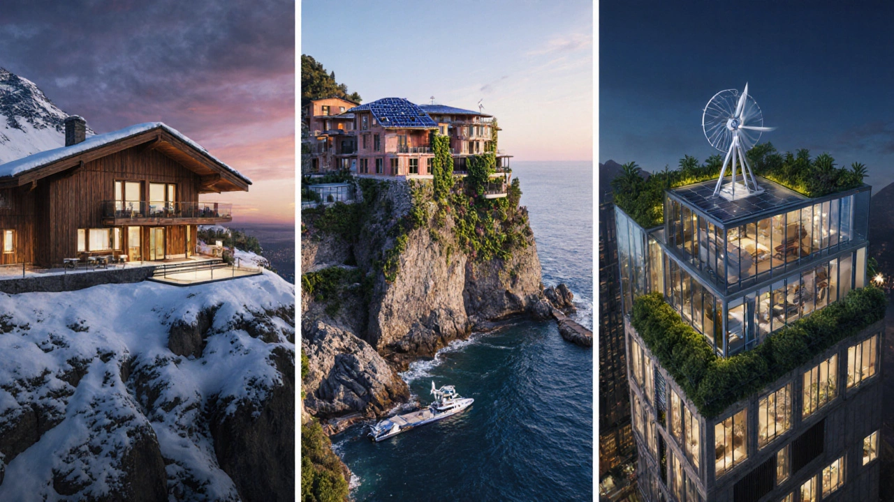 Triptych of three eco‑luxury homes: Alpine villa in snow, Mediterranean cliff villa with living wall, Manhattan penthouse with solar glass.