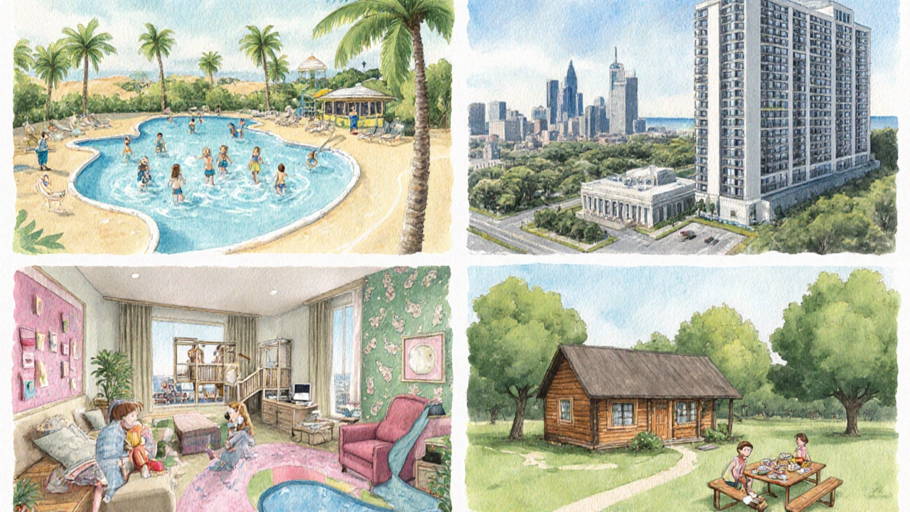 Watercolor collage of four different family‑friendly hotel styles.