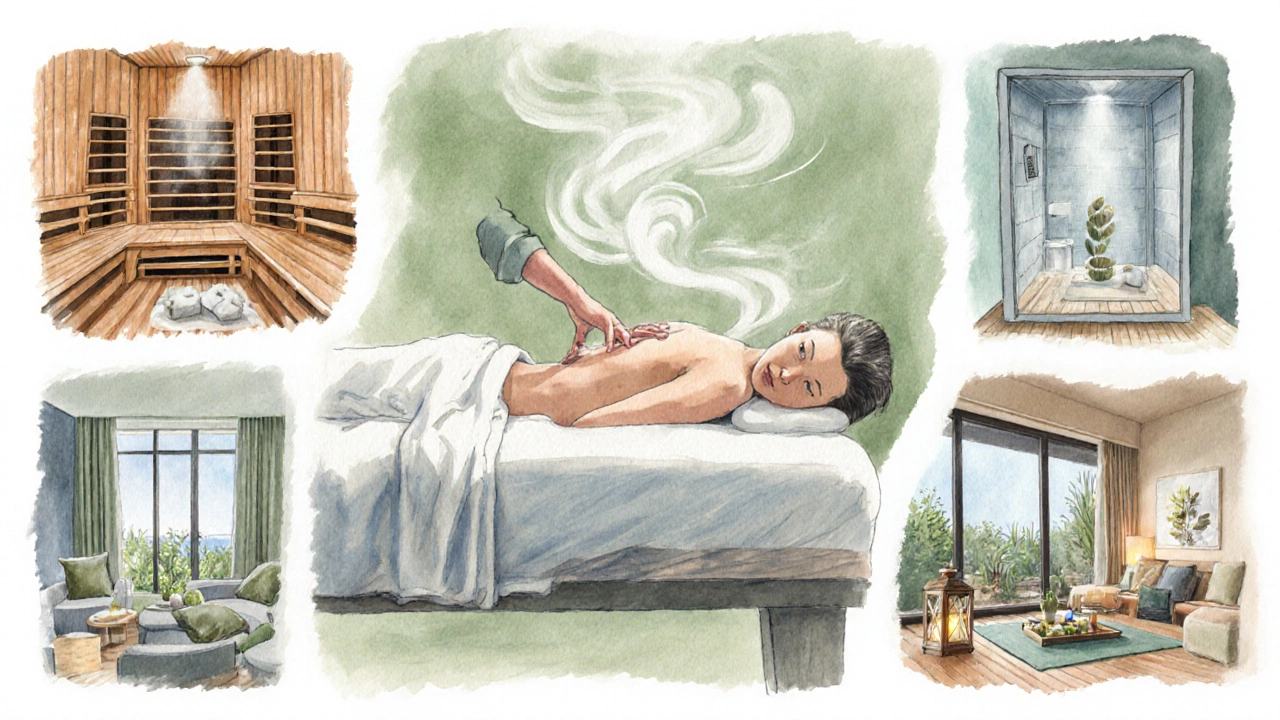 Watercolor collage of massage, sauna, steam room, facial, yoga studio, and relaxation lounge.