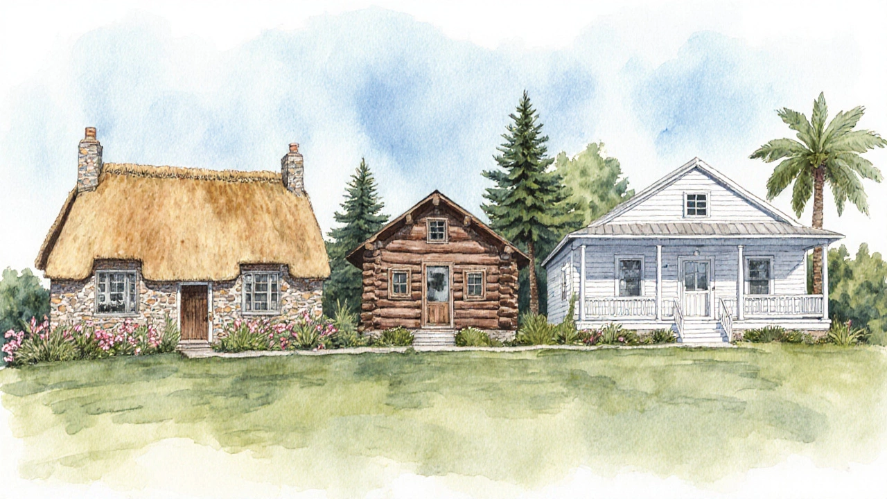 Watercolor of a cottage, cabin, and bungalow side by side on a hill.