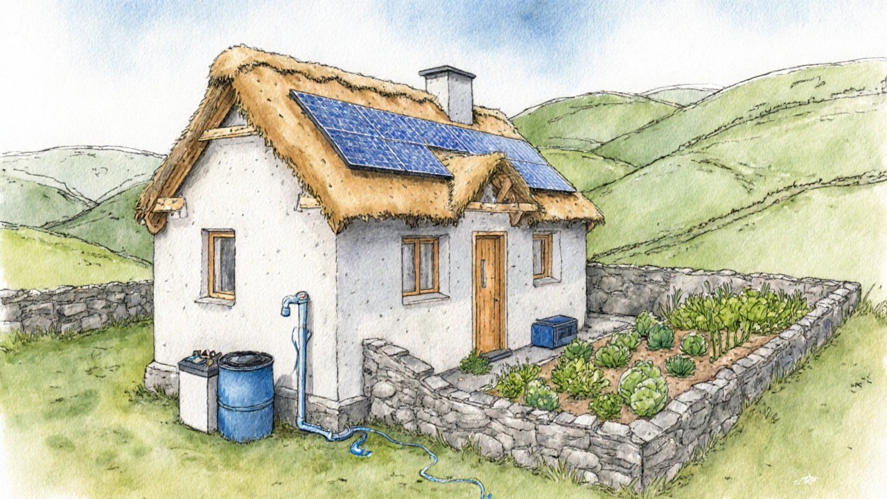 Watercolor of a cottage in Irish countryside featuring CLT construction, solar array, rainwater barrels, and vegetable garden.