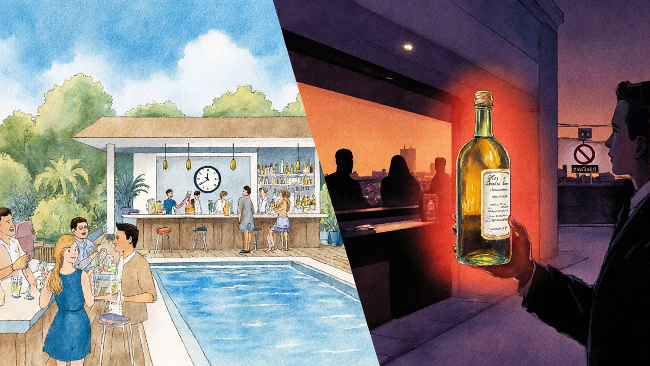 Watercolor split scene showing a daytime pool bar with free drinks and an evening rooftop lounge with premium liquor.