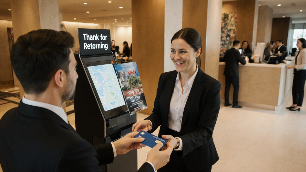 A busy hotel lobby with staff assisting guests at both a kiosk and front desk, warm lighting, and a &#039;Thank You for Returning&#039; sign.