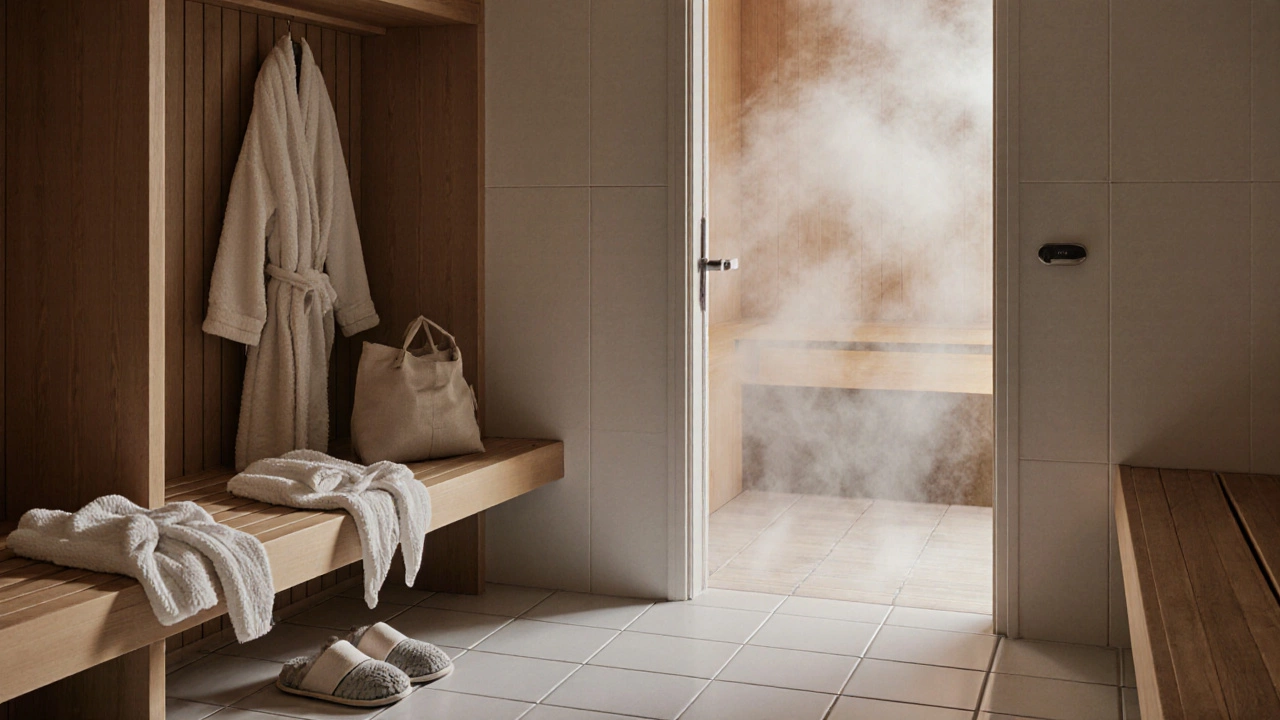 A clean spa locker room with slippers, robes, and a cotton swimsuit on a wooden bench.