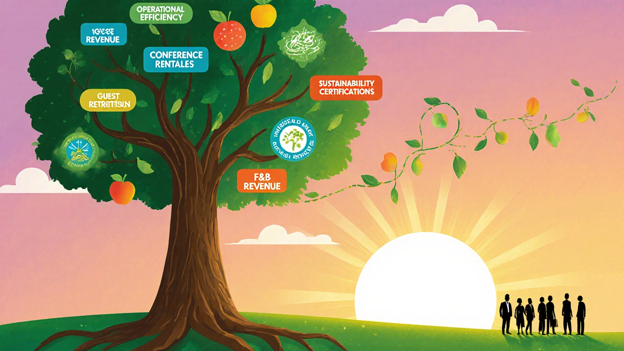 A symbolic tree representing a hotel business, with roots and branches labeled with revenue streams and guest loyalty.