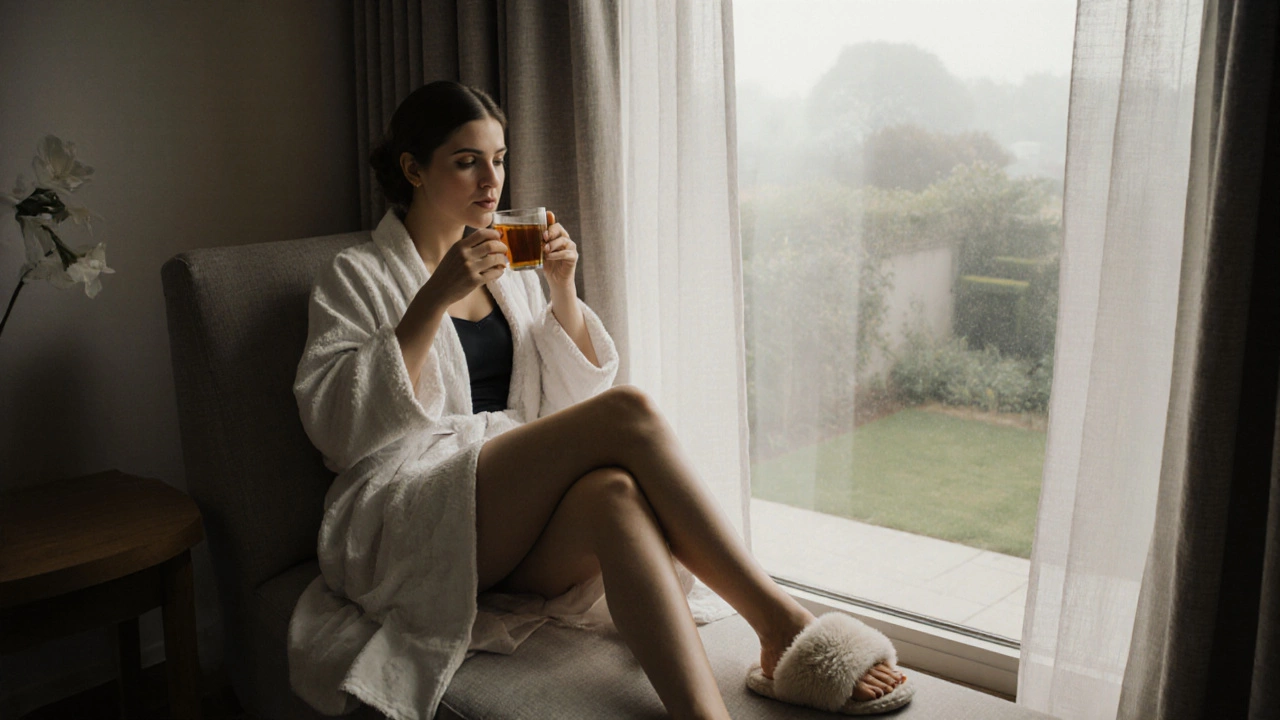 A woman relaxing in a spa lounge with a robe, slippers, and herbal tea by a window.