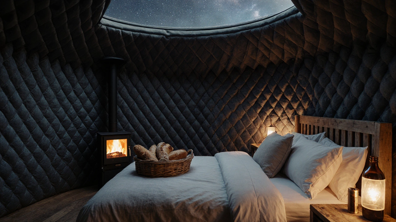Cozy interior of a glamping dome with a wood stove, starry glass ceiling, and organic bedding under soft ambient light.