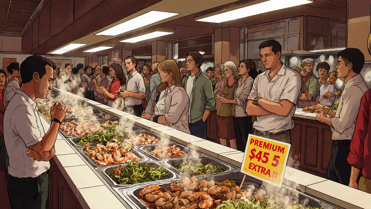 Crowded buffet with unappetizing food and guests waiting in line, highlighting hidden costs of all-inclusive resorts.