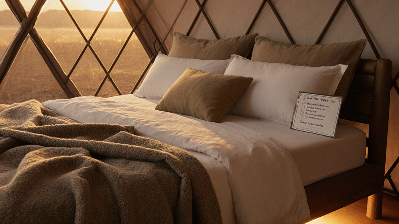 Detailed glamping bedding setup with pillow menu and electric heating pad beneath the mattress.