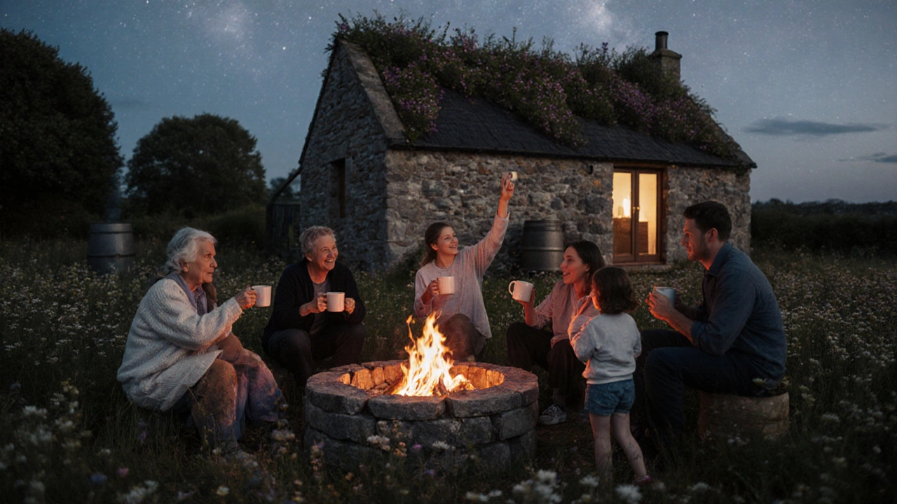 Group of people gathered at a fire pit in a wildflower meadow, watching the stars near an eco-friendly stone cottage.