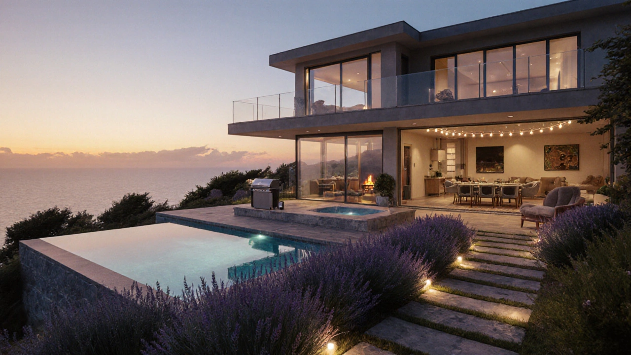 Luxury cliffside villa with infinity pool and sunset over the Irish Sea.