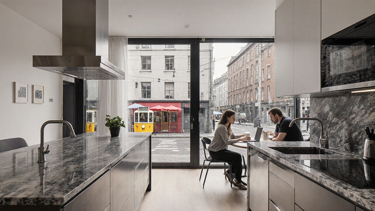 Modern Dublin apartment with open kitchen and city view, couple enjoying coffee.