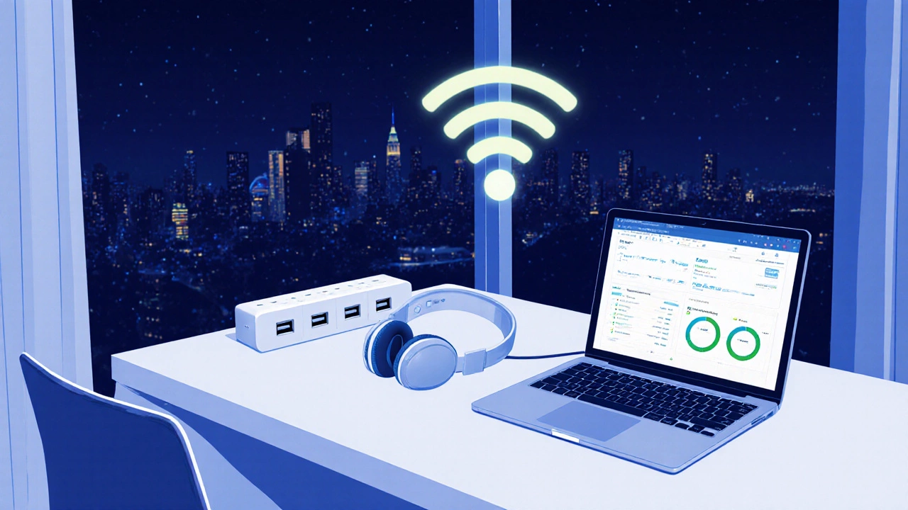 Modern hotel workspace with multiple USB ports, Wi-Fi signal, and live bandwidth dashboard.